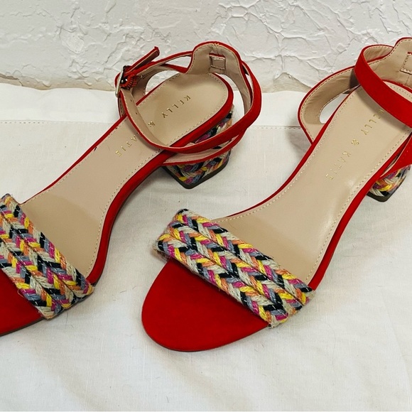 Kelly & Katie Orange Red Multicolor Braided Block Heel Sandals - Picture 2 of 8